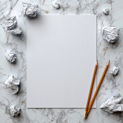 Blank paper amid crumpled sheets and pencils on marble