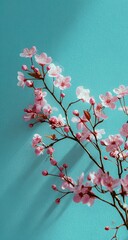 Pink blossoms on branch against bright blue backdrop
