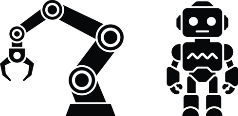 Iconic robotic arm and retro robot silhouettes for industrial automation and future technology concepts