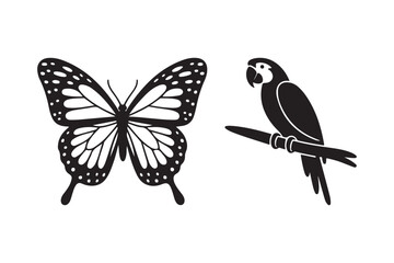 Black and white silhouette of a butterfly and a parrot on a perch
