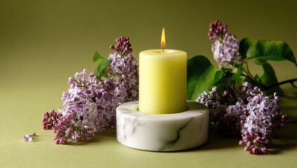 Candle, marble holder, lilac blooms on a light green table