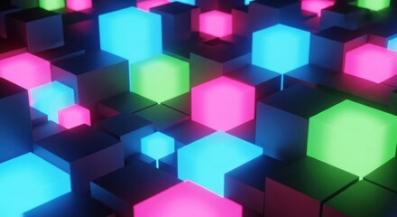 Obraz premium Abstract neon cubes glowing with vibrant pink blue and green light patterns