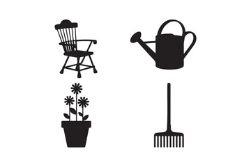 Garden icons silhouette set with chair watering can flowers and rake