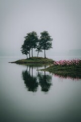 Misty lake, trees mirrored, pink flowers