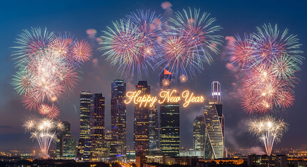 Happy ney year 2026  happy new year fireworks celebration over city skyline moscow russia cityscape holiday festive nightscape scene