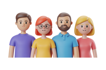 Diverse group of friends smiling together, perfect for community, family, or teamwork visuals. Cheerful characters, modern designs offer versatile applications.