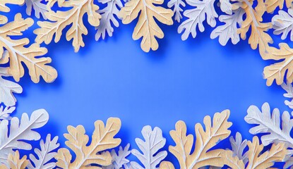 A decorative frame composed of stylized leaves in light beige and off-white hues, set against a vibrant blue background.