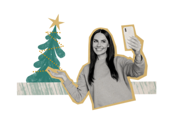 Composite trend artwork 3D sketch image photo collage of new year christmas holiday eve tree theme decor young lady smile selfie mobile