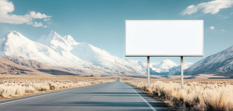 vast empty highway stretches towards majestic snow capped mountains, with blank billboard standing prominently beside road, thoughts of possibilities