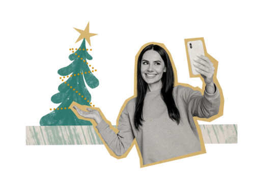 Composite trend artwork 3D sketch image photo collage of new year christmas holiday eve tree theme decor young lady smile selfie mobile