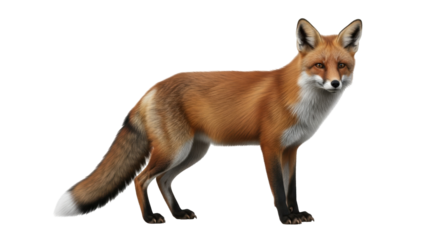 Isolated Red Fox standing alert looking directly at viewer in elegant pose, wild animal