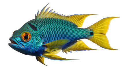 Fototapeta premium Isolated Golden Dwarf Cichlid, a freshwater fish species with bright yellow tail and fins