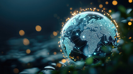 Fototapeta premium glowing globe with interconnected lines and dots, symbolizing global connectivity and technology. background features soft bokeh lights, creating modern and dynamic
