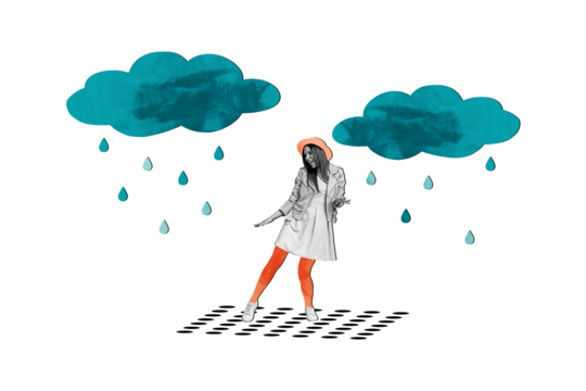 Composite photo collage of happy girl dance cloud rain cyclone autumn forecast season atmosphere isolated on painted background