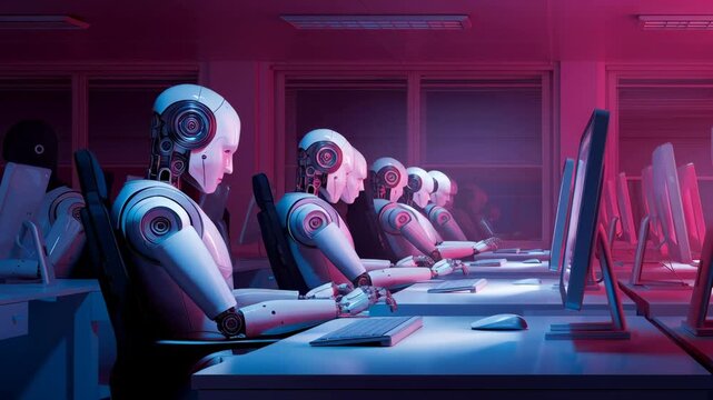 Identical humanoid robots positioned in precise rows, operating synchronized computer systems with circular eye sensors. White metallic bodies work in unison within high-tech environment