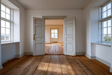 Fototapeta premium A spacious, sunlit room with wooden flooring and white, paneled doors, showcasing an interior design bathed in natural light.