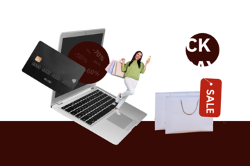 Creative collage picture young woman laptop digital device estore remote purchase credit card cashless payment shopaholic bargain sale