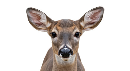 Isolated young deer portrait, facing forward looking directly into camera, fawn, close up shot