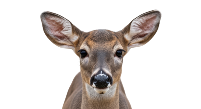 Isolated young deer portrait, facing forward looking directly into camera, fawn, close up shot