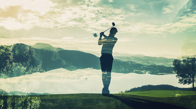 luxury background illustration of a golfer swings club against scenic backdrop of mountains and clouds, capturing essence of sport in nature. image evokes sense of adventure and connection to outdoors