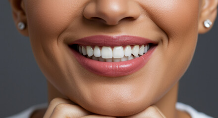 Woman with perfect white teeth and pink lipstick smiling