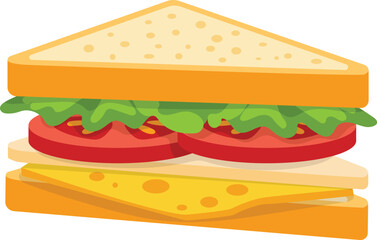 Cartoon illustration of a sandwich with bread, cheese, tomatoes, and lettuce, presented in a layered, exploded view.