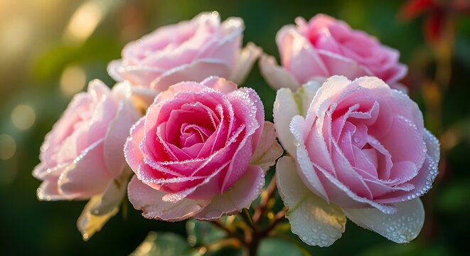 Beautiful pink roses with dew drops in soft focus and natural morning sunlight