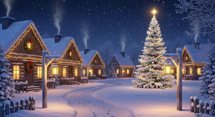 Snowy christmas village with decorated tree and illuminated cabins