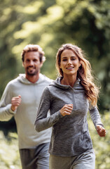Fototapeta premium A happy, fit couple is jogging together outdoors in a green park setting. They are wearing athletic hoodies, emphasizing healthy lifestyle, exercise, partnership, and outdoor fitness