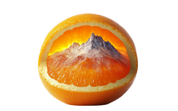 Orange half revealing a vivid sunrise and tiny landscape inside symbolizing creativity and imaginative concept isolated on transparent background PNG