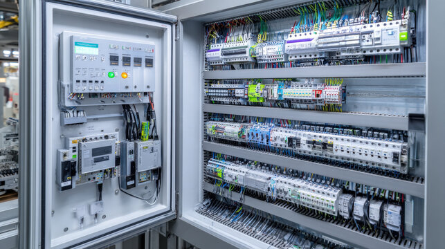 Open electrical control cabinet housing a PLC (Programmable Logic Controller) system. The panel shows neatly organized circuitry, relays, fuses, and complex wiring, symbolizing industrial automation
