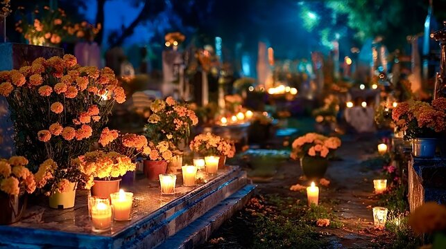 Cemetery celebrating day of the dead with marigolds and candles