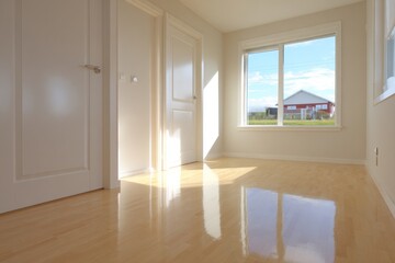 A sunlit room with polished light-beige hardwood floors, white doors, and a view of a rural scene through a large window.