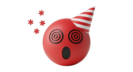 Isolated red emoji face with party hat and hypnotic eyes conveys dizziness or confusion