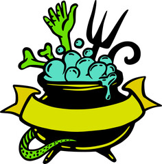 Halloween Cauldron and Zombie Hand with Empty Ribbon, Cute Cartoon Graphic in Neon Green Yellow Colors. Isolated Vector Illustration for Sticker or Poster Design. Copy Space for Emblem Party Label