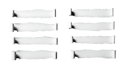 Illustration of collection of torn paper strips with rolled edges, isolated on transparent background