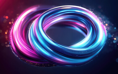 Vibrant abstract swirls of neon light intertwine, creating dynamic visual effect. glowing colors of blue and pink blend seamlessly, evoking sense of energy and movement