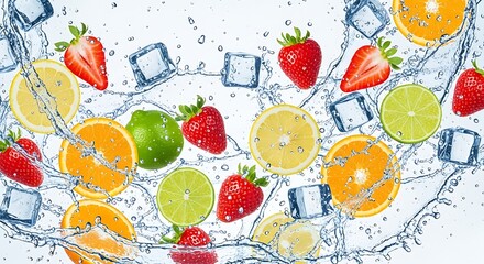 Fresh summer fruits with water splashes and ice cubes against a bright white background