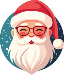 Cartoon illustration of Santa Claus with a red hat, white beard, and glasses, set against a blue starry background.