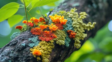 Colorful moss and lichen grow on tree branch, creating vibrant natural display. bright orange, red, and green hues contrast beautifully against bark, nature artistry