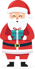 Cartoon Santa Claus with a cheerful expression holding a wrapped teal gift box with a red ribbon.