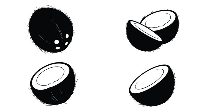 Black and white illustration depicting a whole and broken coconut pieces