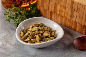 Green dry cardamom heap spices aroma