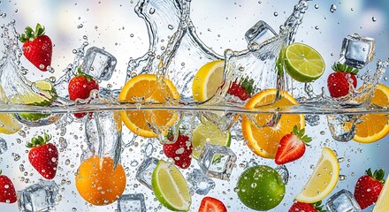 Refreshing splash of water with citrus fruits strawberries and ice cubes