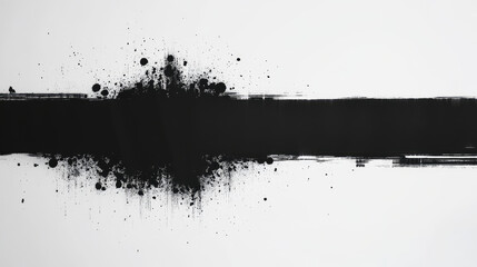 Minimalist black and white abstract art featuring bold black brushstroke with splatters, creating striking visual contrast. This artwork evokes sense of modernity and creativity