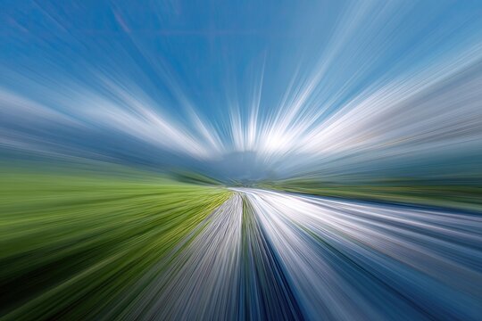 Speeding motion effect shows road, sky, and green fields
