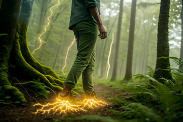 Creative fantasy image of a man in forest surrounded by glowing lightning, symbolizing strength and vitality.