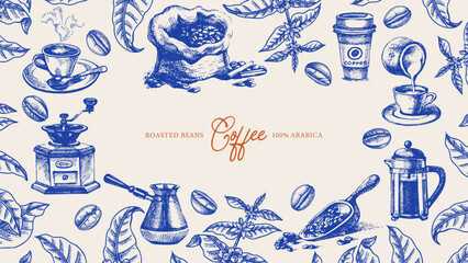 Hand drawn coffee shop frame. Cafe menu, bakery branding, packaging design. Vintage sketch vector background © pim