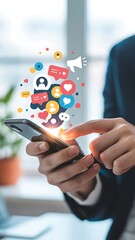Businessman using smartphone for social media marketing and engagement.