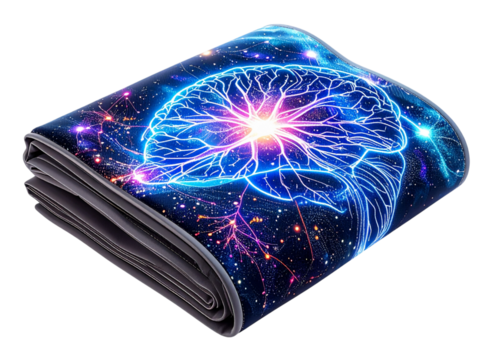Folded blanket with a brain design on a galaxy background, a cozy accessory isolated on transparent background